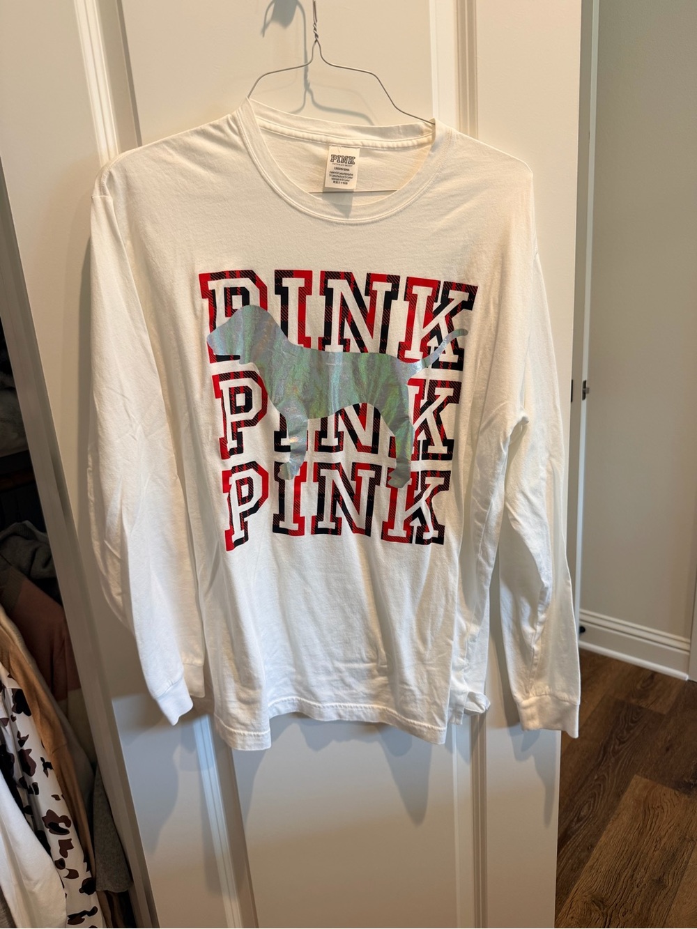 PINK Victoria's Secret White Long-Sleeve Tee with Holographic Dog and Red Logo